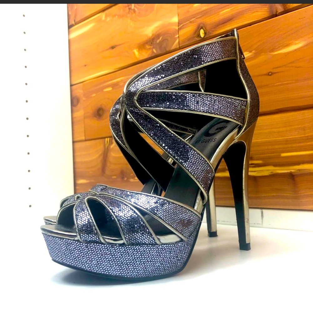 G By Guess Strappy Silver Stiletto Heels Size 7